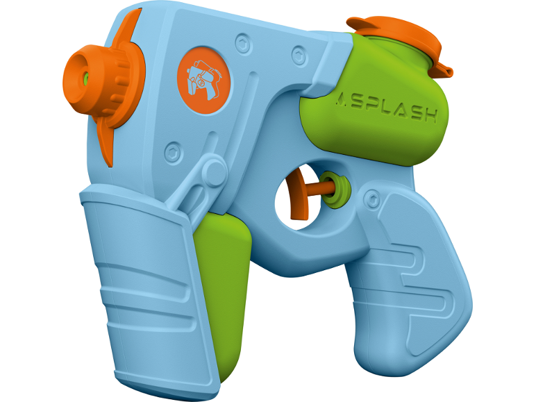 Blå och grön leksaksvattenpistol med orange detaljer och texten 'A.SPLASH'