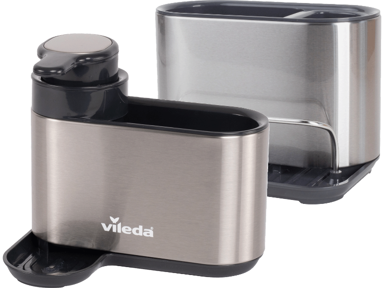 Två tvålpumpar och svamphållare i rostfritt stål med svarta detaljer.