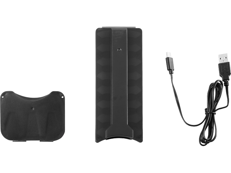 Svart musmatta med handledsstöd, musmatta och USB-laddningskabel.