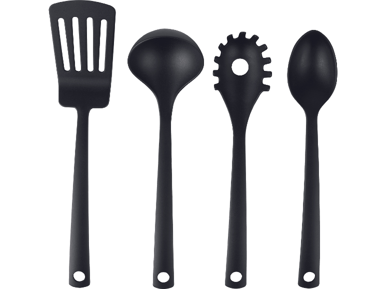 Fyra svarta köksredskap: en stekspade, en slev, en spagettislev och en sked.