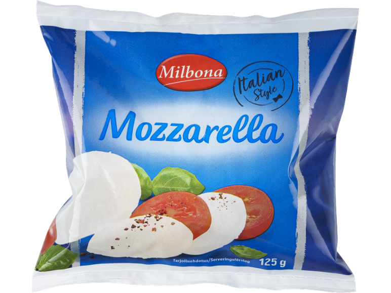Mozzarella-förpackning med tomatskivor och basilika, italiensk stil, 125 g.