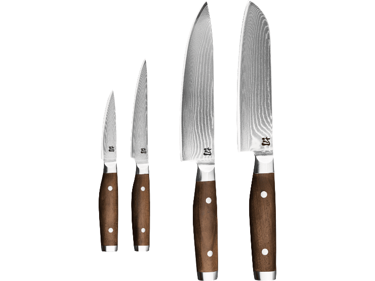 Fyra Silvercrest premium köksknivar med blad av damaskusstål och trähandtag