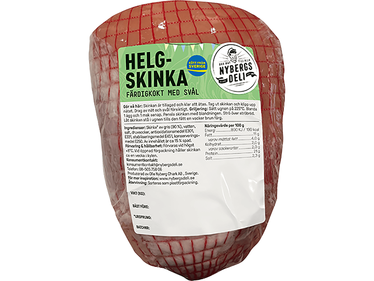 Färdigkokt helgskinka med svål, förpackad i rött nät.