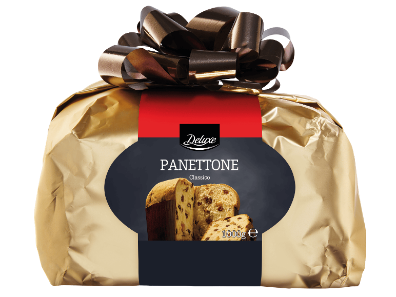 Deluxe klassisk panettone i gyllene presentförpackning med rosett, 1000 g
