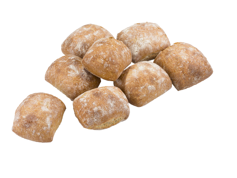 Ciabattabröd med mjöl strött över på svart bakgrund