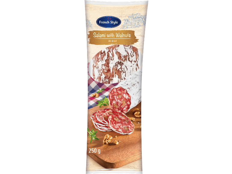 Förpackning med salami med valnötter, lufttorkad, 250 g.