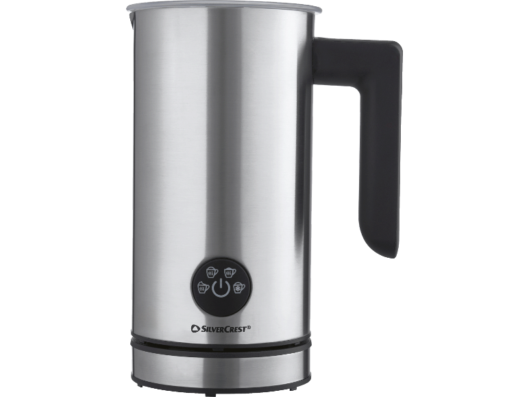 Elektrisk mjölkskummare i rostfritt stål med svarta handtag och funktionsknappar.