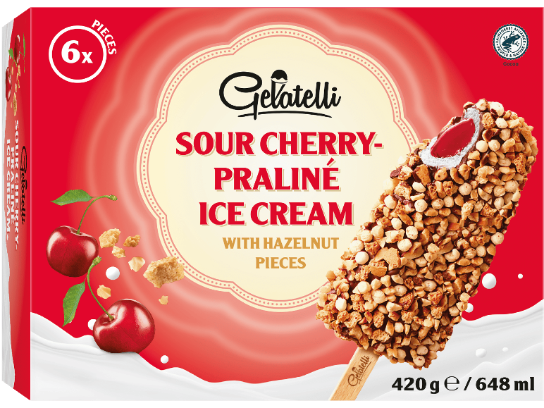 Gelatelli Sour Cherry-Praline glass med hasselnötsbitar, 6-pack.