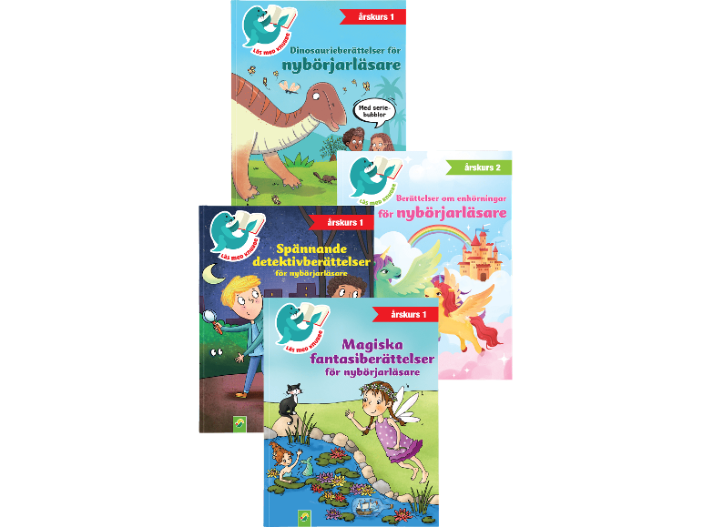 Tre barnböcker med dinosaurie-, detektiv- och fantasyteman, samt en bok om enhörningar.