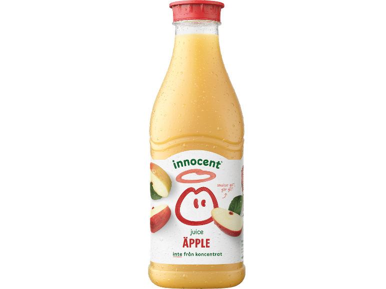 Flaska äppeljuice med äppelskivor och text: 'smakar gott, gör gott'