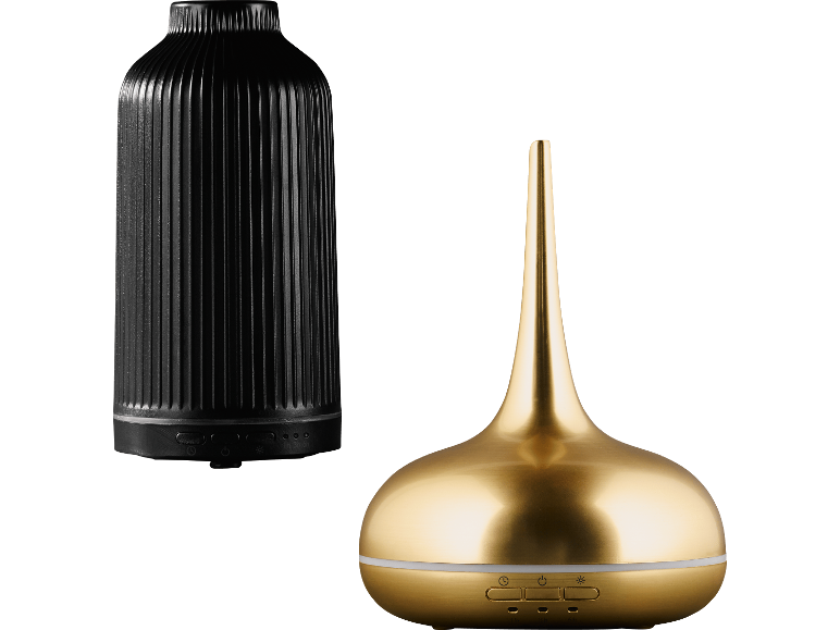 Livarno ultraljuds aromadiffusor: en svart räfflad och en guldfärgad droppformad diffusor