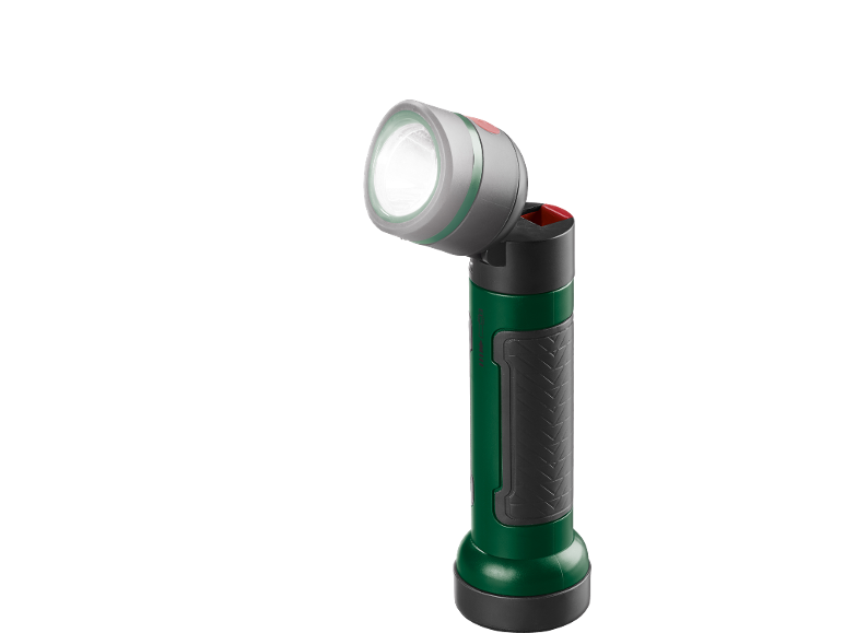 LED-arbetslampa med vridbart huvud, grön kropp och gråa samt röda detaljer.