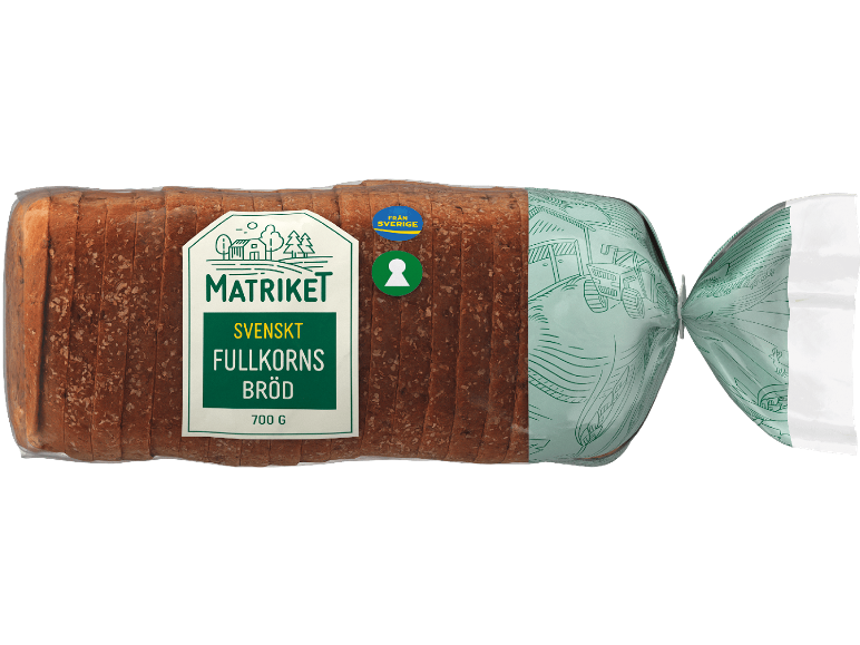 Förpackat fullkornsbröd med en grön etikett som anger 'Svenskt Fullkorns Bröd' och '700 G'.