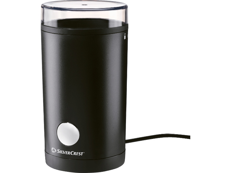 Svart elektrisk kaffekvarn med transparent lock och silverfärgad knapp