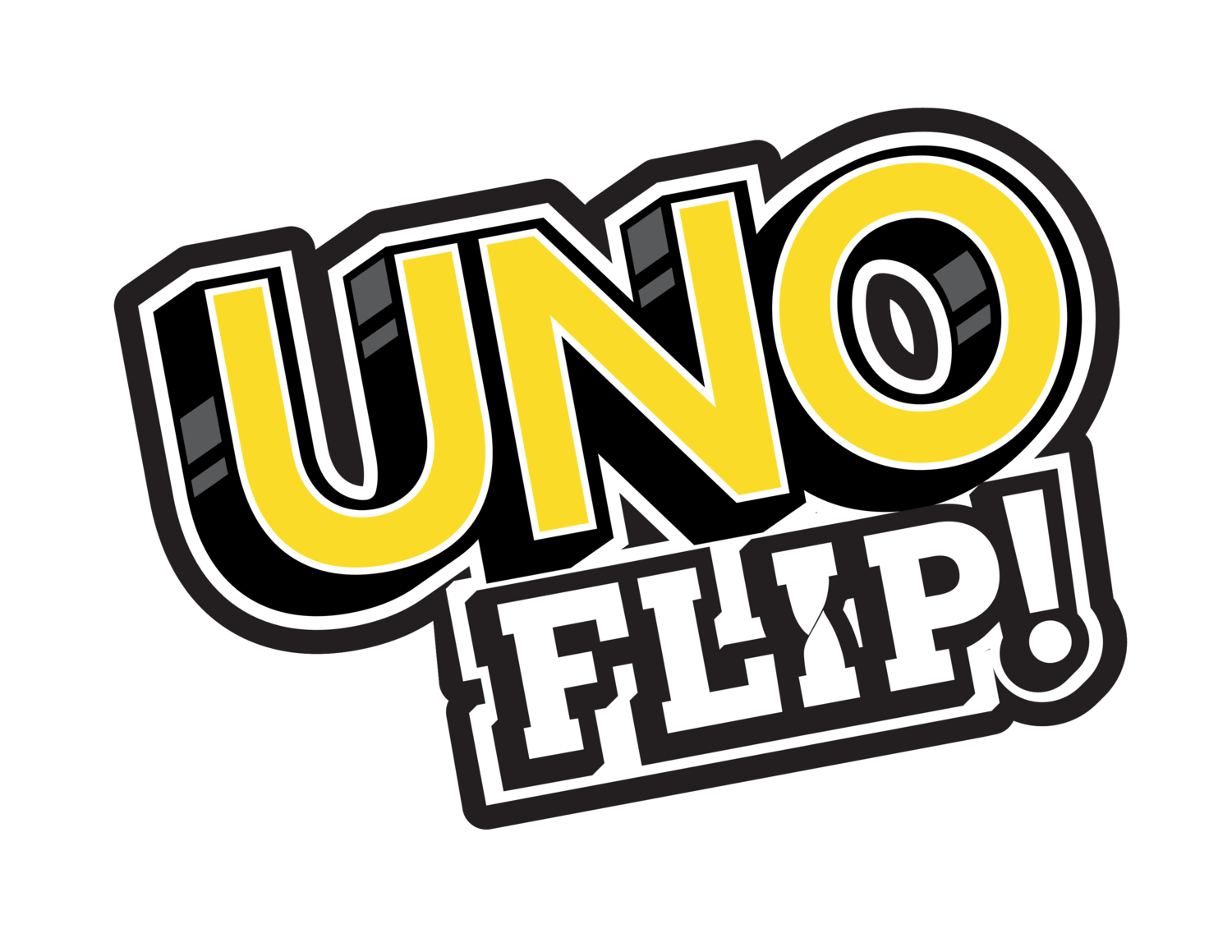 Logotyp med texten 'UNO FLIP!' i gult och vitt på svart bakgrund.