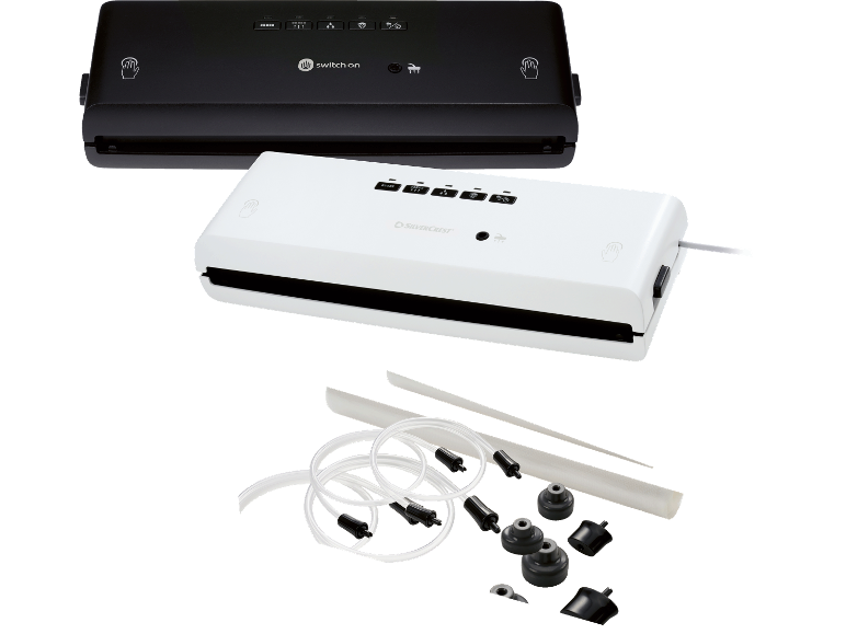 Två vakuumförpackare, en svart och en vit, med vakuumtillbehör.