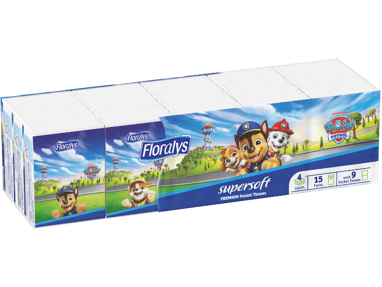 Förpackning näsdukar med Paw Patrol-tema, 15 förpackningar med 9 näsdukar, 4 lager.
