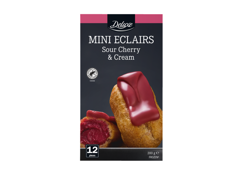 Mini-eclairs med surkörsbärs- och gräddfyllning, 12 stycken, 200g, frysta.