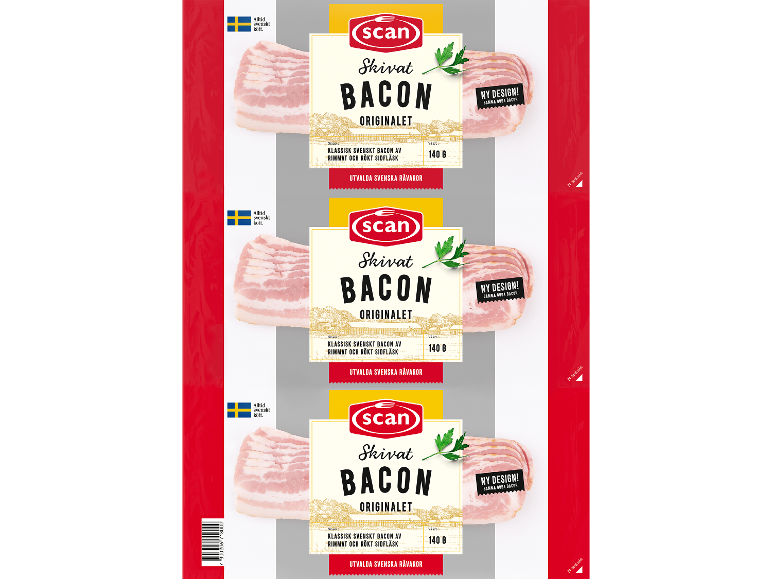 Tre paket skivat bacon med ny design, 140g vardera.