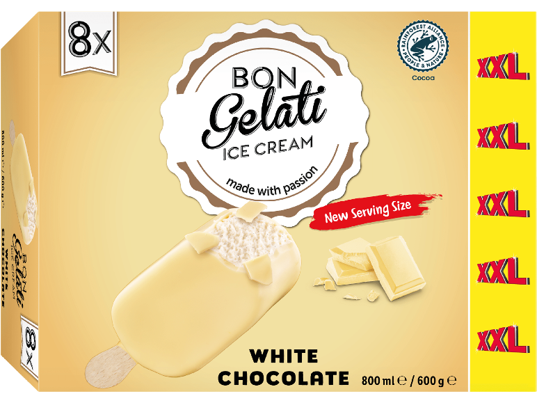 Förpackning med 8 vita chokladglassar, 800 ml / 600 g, med texten 'New Serving Size'.