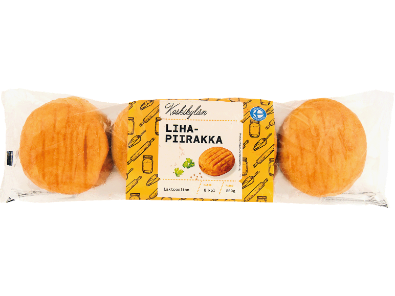 Förpackningar med köttpajer, laktosfria, 8 stycken, 800g, tillverkade i Finland.