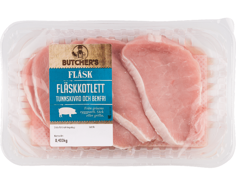 Förpackning med tunnskivad benfri fläskkotlett, med etikett som anger vikt och ursprung.