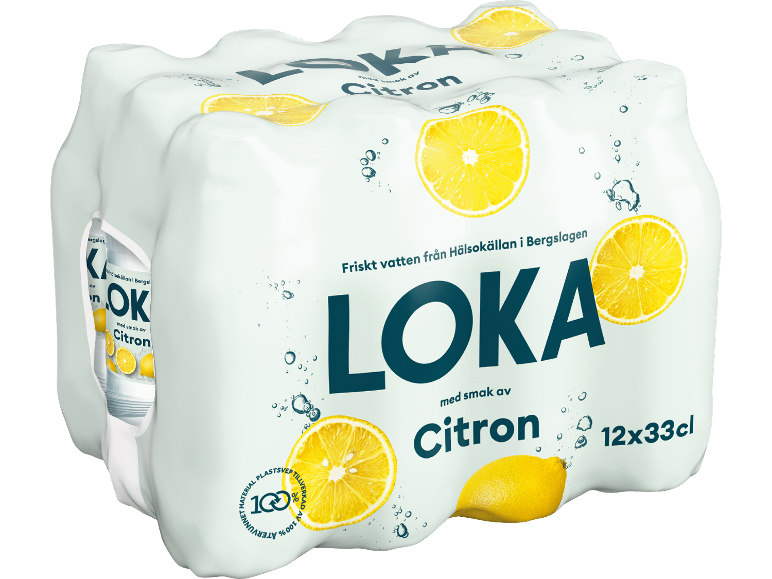 Ett 12-pack citronkolsyrat vatten, med text som anger 100% återvunnen plast.