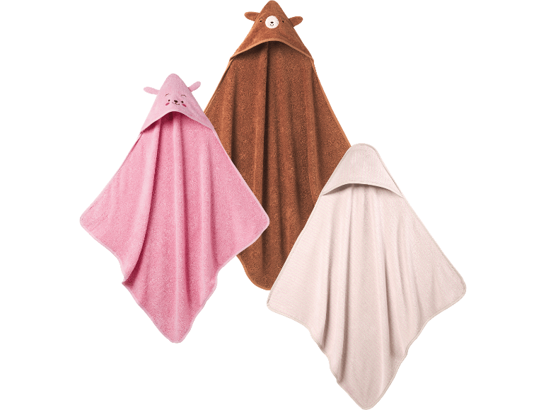 Tre barnhanddukar med huva: rosa med öron, brun med björnöron och beige.