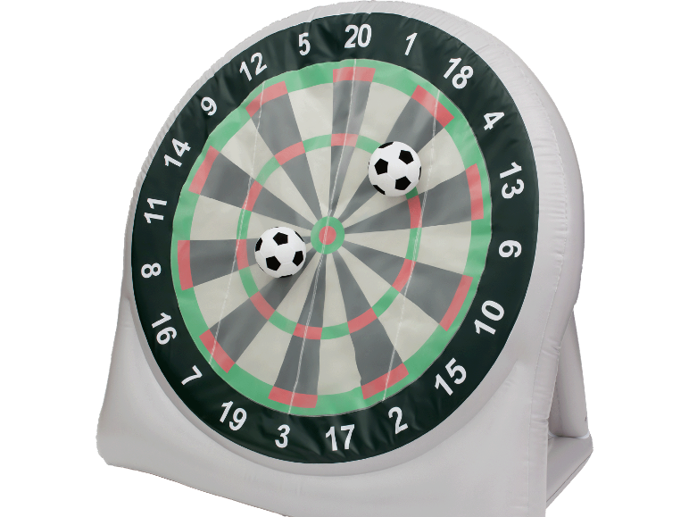 Uppblåsbar darttavla med två fotbollar, med nummer från 1 till 20.