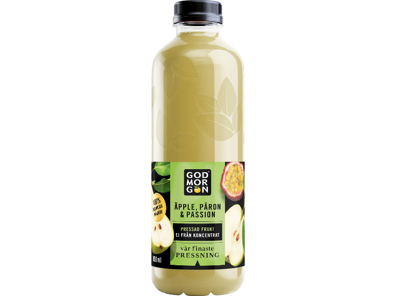 Flaska med äpple-, päron- och passionsfruktsjuice, gjord på pressad frukt.
