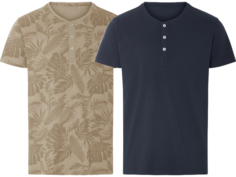 Herr henley-tröjor: beige med bladmönster och enfärgad marinblå.