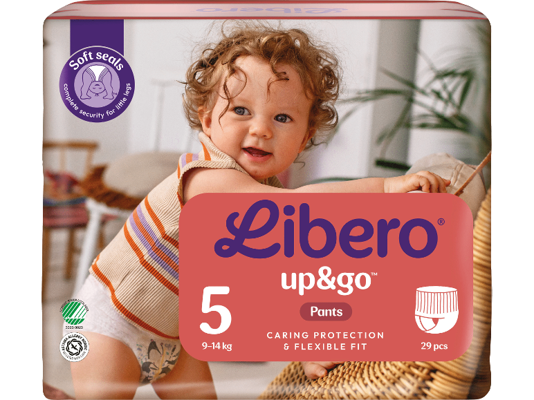 Blöjförpackning med en glad bebis, texten 'up&go Pants' och information om storlek och antal.