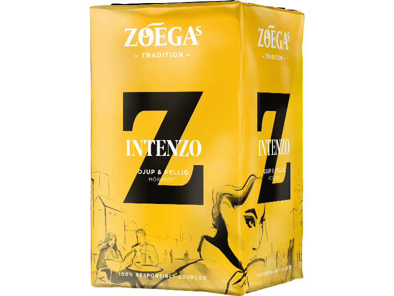 Gul kaffeförpackning med texten 'INTENZO DJUP & FYLLIG MÖRKROST' och illustrationer av människor.