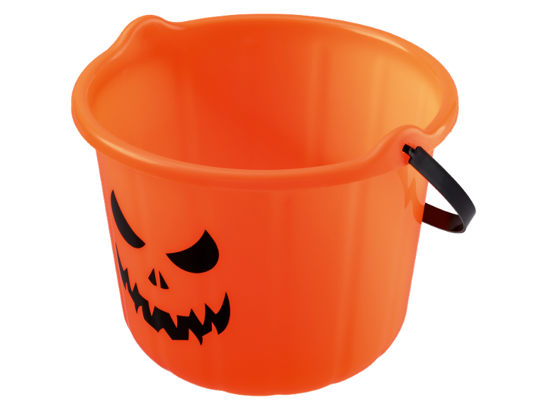 Orange Halloween-hink med snidat pumpaansikte och svart handtag.