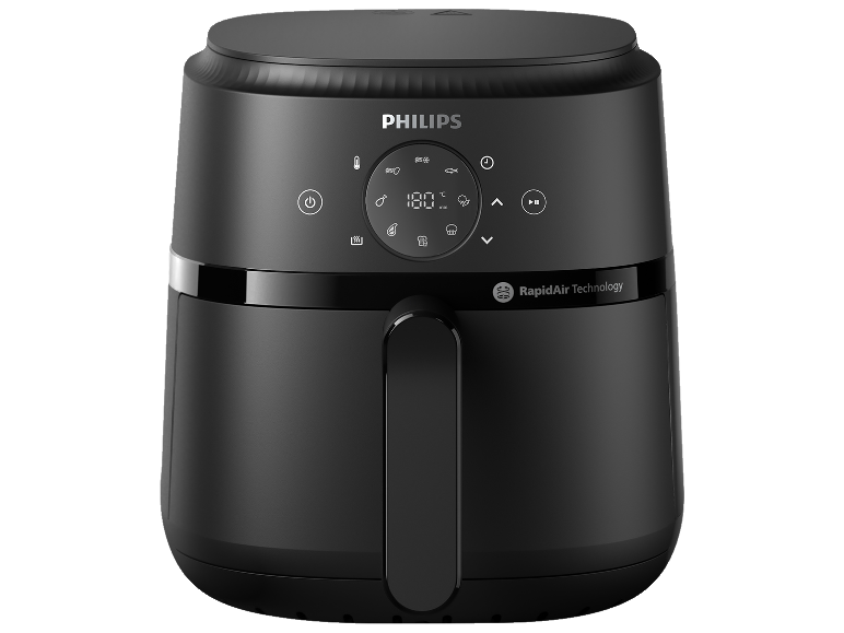 Svart airfryer med digital display som visar 180 °C och matikoner.
