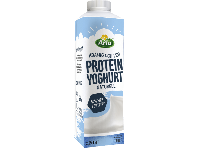 Krämig och len naturell protein yoghurt, 50% mer protein, 2,2% fett, 1000 g.