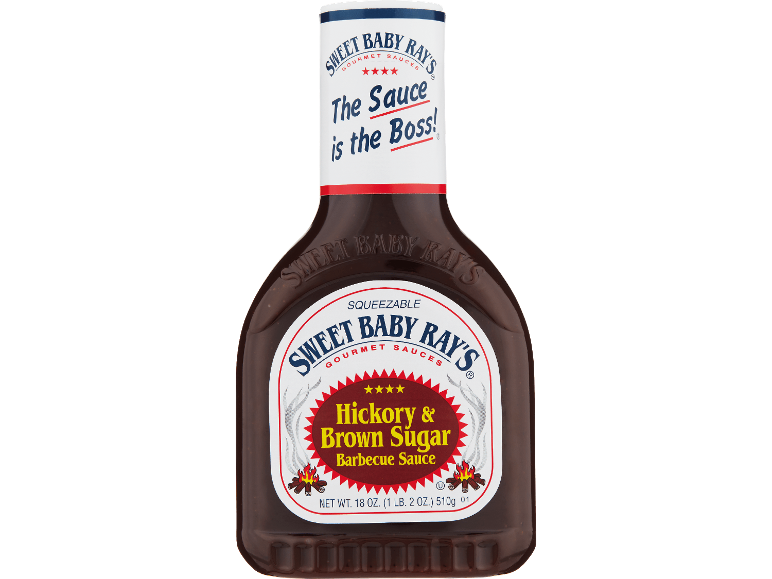 Flaska med hickory- och farinsocker-barbecuesås, med texten 'The Sauce is the Boss!'