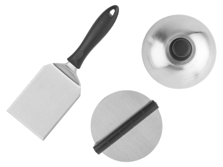 Stekspade och hamburgerpress i rostfritt stål.