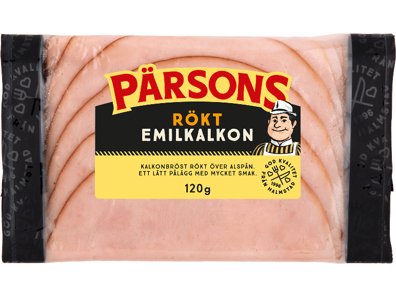 Förpackad rökt kalkonfilé 120g med en slaktarillustration.
