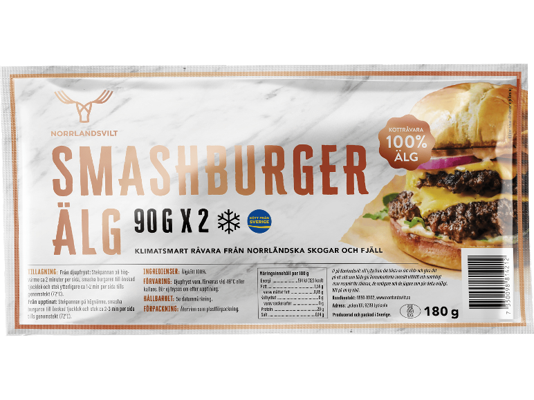 180g förpackning med frysta älgfärsbiffar med produktinformation och en hamburgarbild.