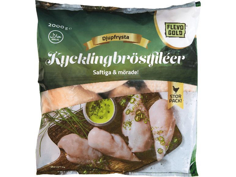 Ett 2000 g paket med djupfrysta kycklingbröstfiléer.