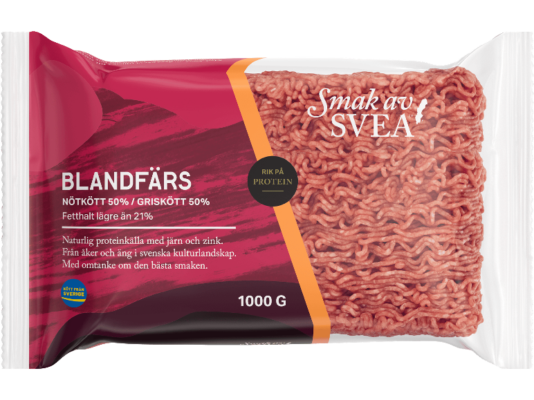 Förpackning med 1000 g blandfärs av nötkött och griskött.