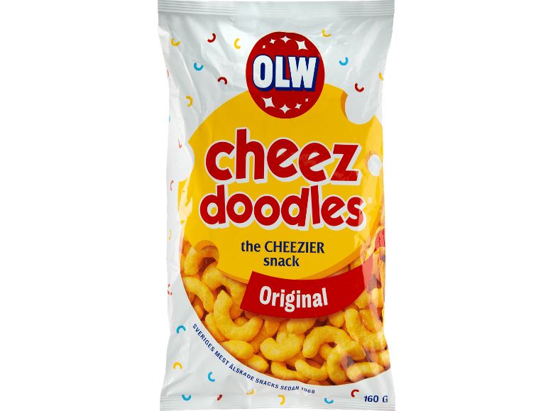 Påse med ostbågar med texten 'cheez doodles the CHEEZIER snack Original'.