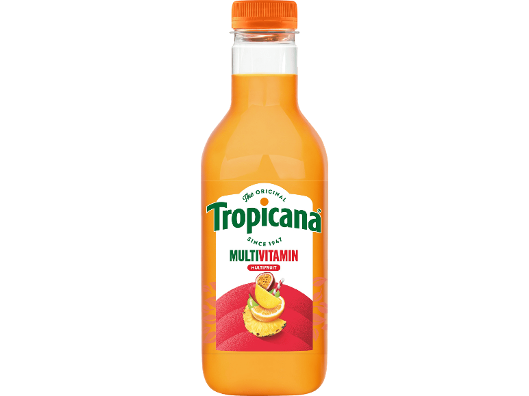 Multivitamin juice i en klar plastflaska med orange kork