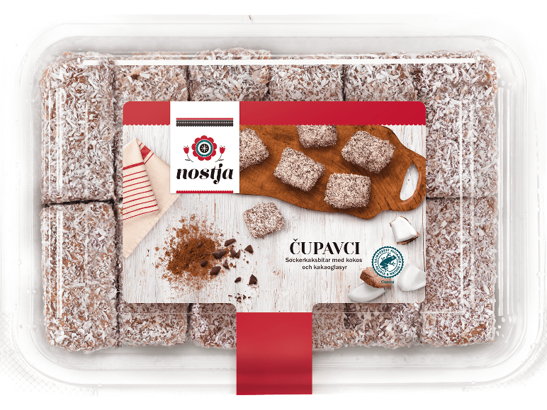 Förpackning med čupavci, sockerkaksbitar med kokos och kakaoglasyr.