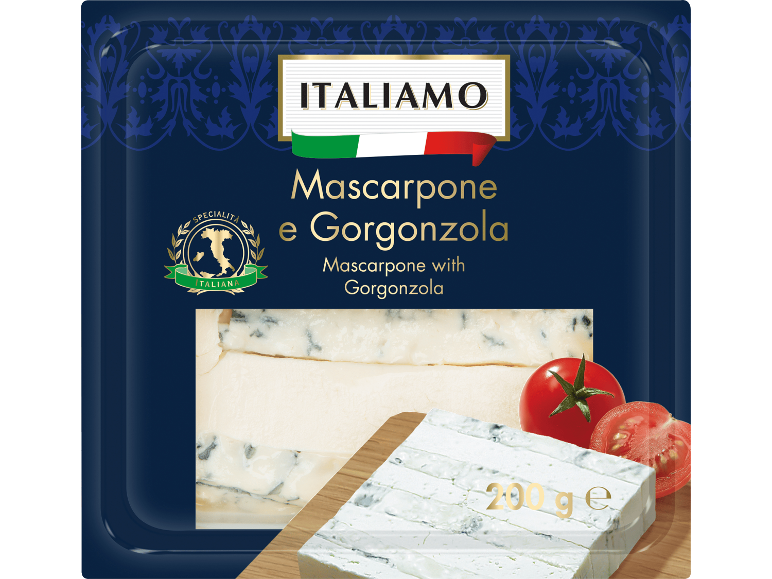 Förpackning med mascarpone och gorgonzola med tomater, 200 g.
