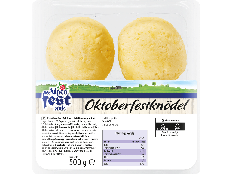 Oktoberfest potatisknödel i förpackning med näringsinformation.