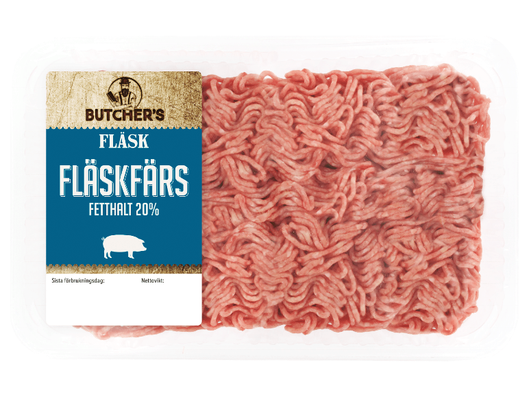 Förpackning med fläskfärs med 20 % fetthalt, med en etikett i blått och brunt.