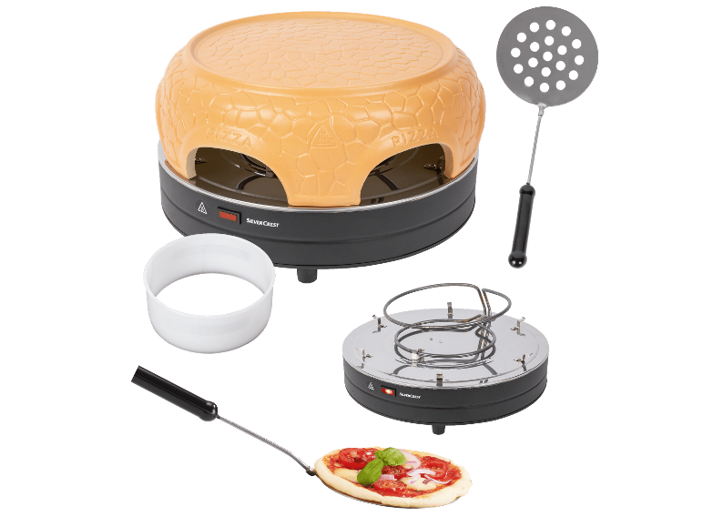 Pizzaugn med orange kupol, pizzaspade, degskärare och pizzabas.
