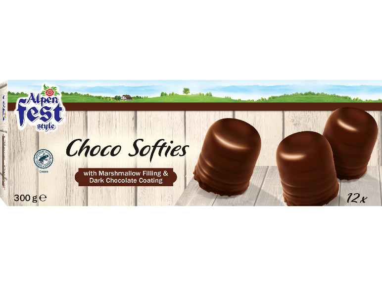 Choco Softies med marshmallowfyllning och mörk chokladöverdrag, 12 stycken, 300g.